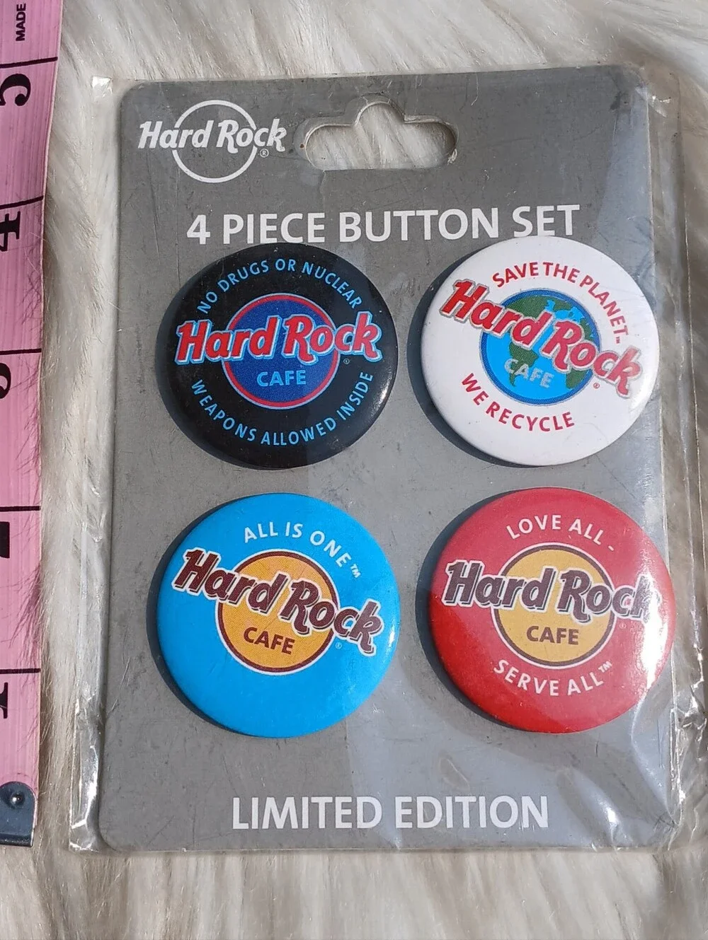 Hard Rock Cafe 4 Piece Button Set Limited Edition Pin Lot Red Blue NEW NWT